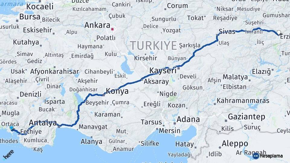 Muğla Dalaman Erzincan Arası Kaç Km - Yol Haritası