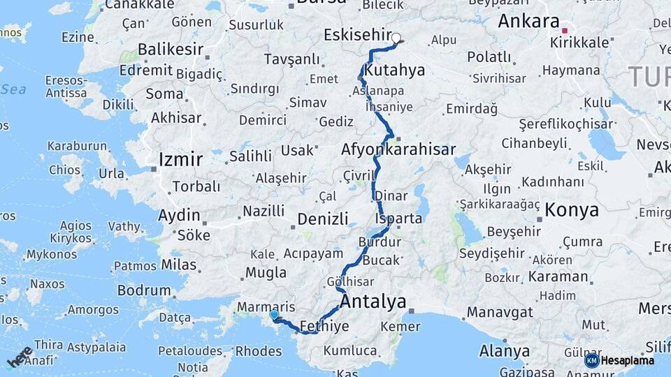 Muğla Dalaman Eskişehir Arası Kaç Km - Yol Haritası