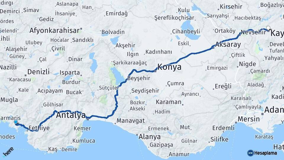 Muğla Dalaman Kayseri Arası Kaç Km - Yol Haritası