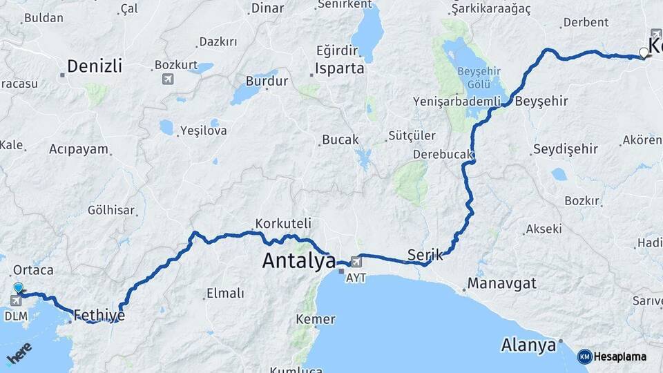 Muğla Dalaman Konya Arası Kaç Km - Yol Haritası