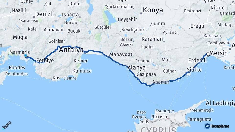 Muğla Dalaman Mersin Arası Kaç Km - Yol Haritası