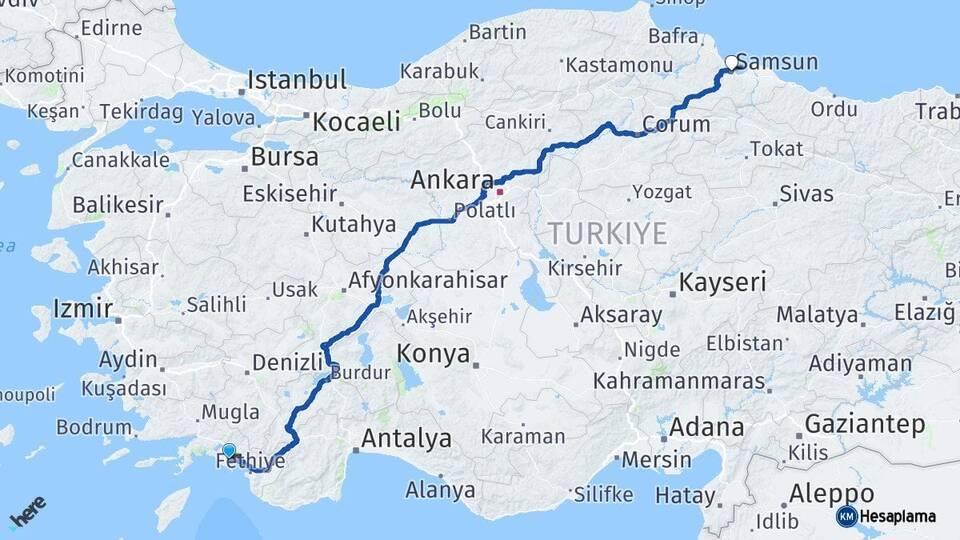 Muğla Dalaman Samsun Arası Kaç Km - Yol Haritası