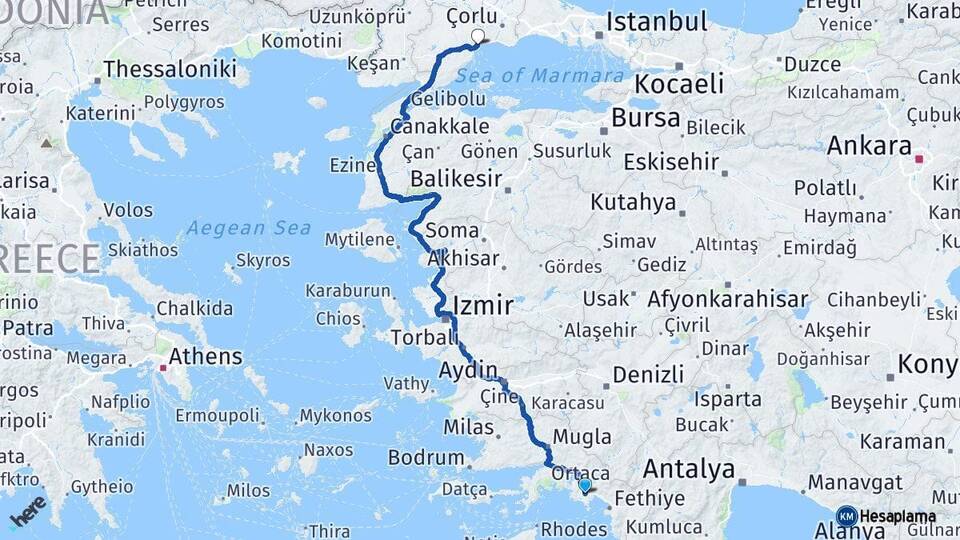 Muğla Dalaman Tekirdağ Arası Kaç Km - Yol Haritası