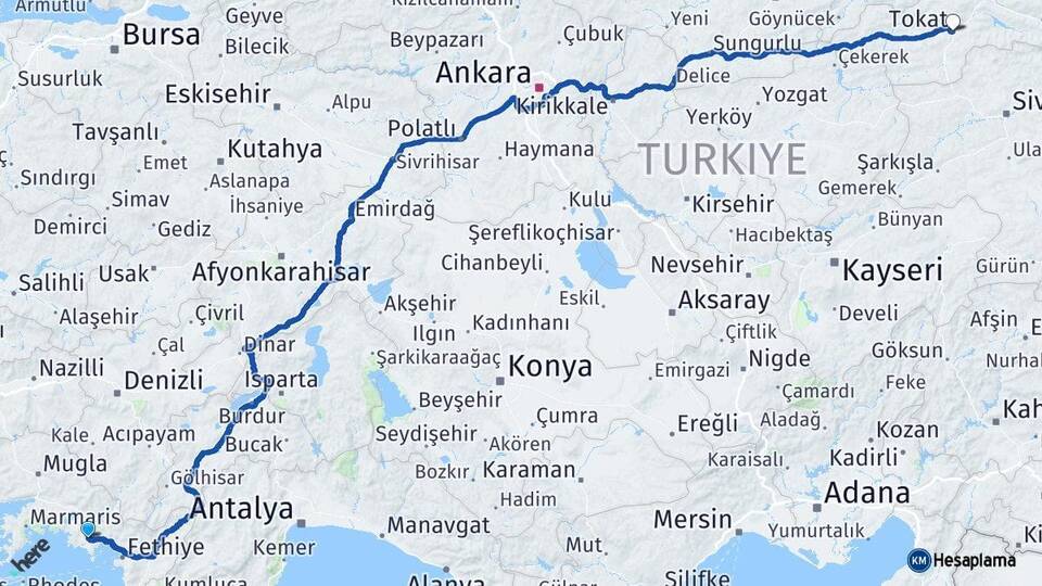 Muğla Dalaman Tokat Arası Kaç Km - Yol Haritası