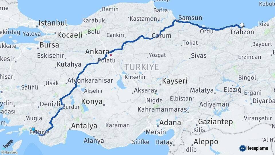 Muğla Dalaman Trabzon Arası Kaç Km - Yol Haritası