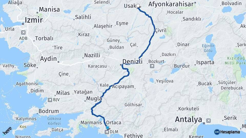 Muğla Dalaman Uşak Arası Kaç Km - Yol Haritası