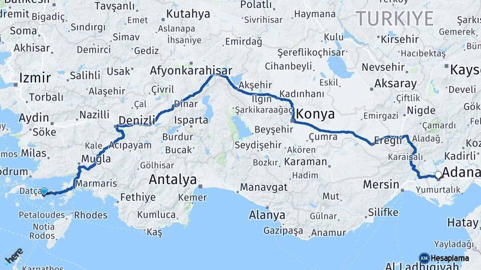 Muğla Datça Adana Arası Kaç Km - Yol Haritası
