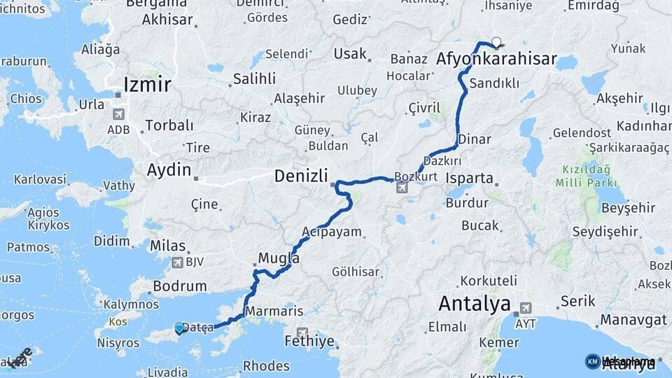 Muğla Datça Afyonkarahisar Arası Kaç Km - Yol Haritası