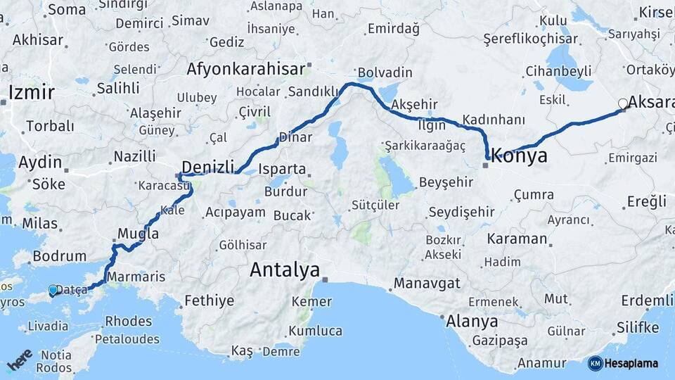 Muğla Datça Aksaray Arası Kaç Km - Yol Haritası
