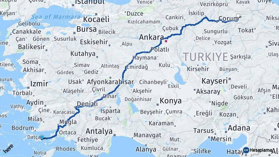 Muğla Datça Amasya Arası Kaç Km - Yol Haritası