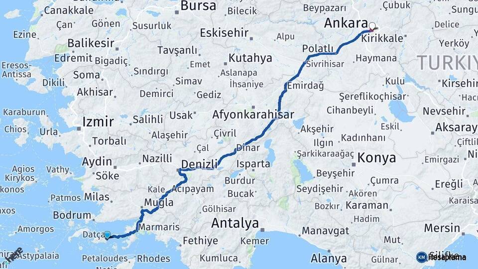 Muğla Datça Ankara Arası Kaç Km - Yol Haritası