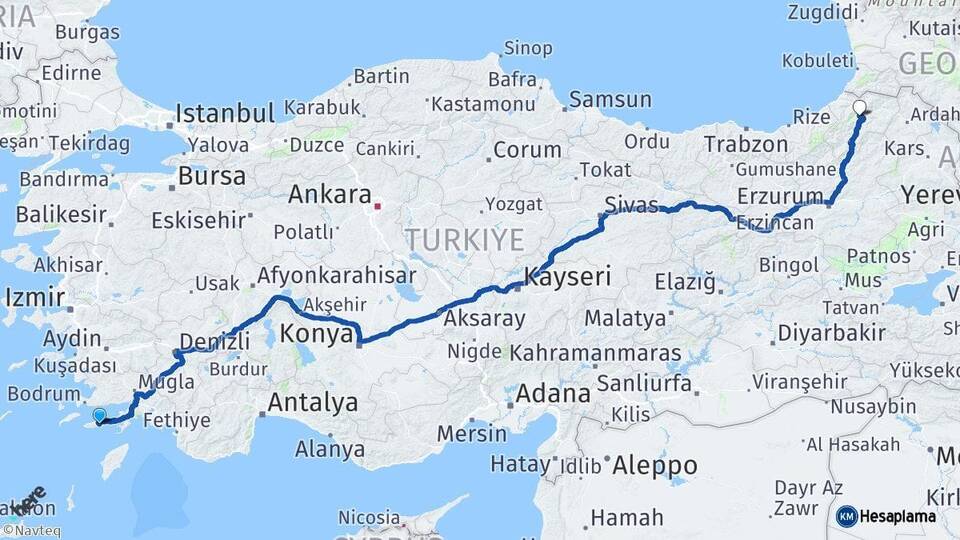 Muğla Datça Artvin Arası Kaç Km - Yol Haritası