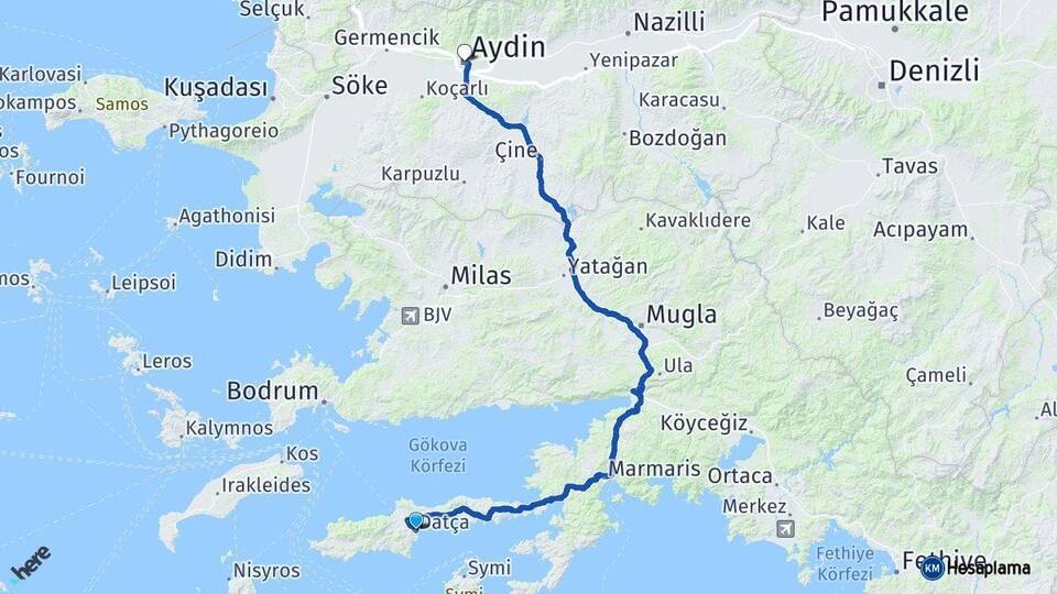 Muğla Datça Aydın Arası Kaç Km - Yol Haritası