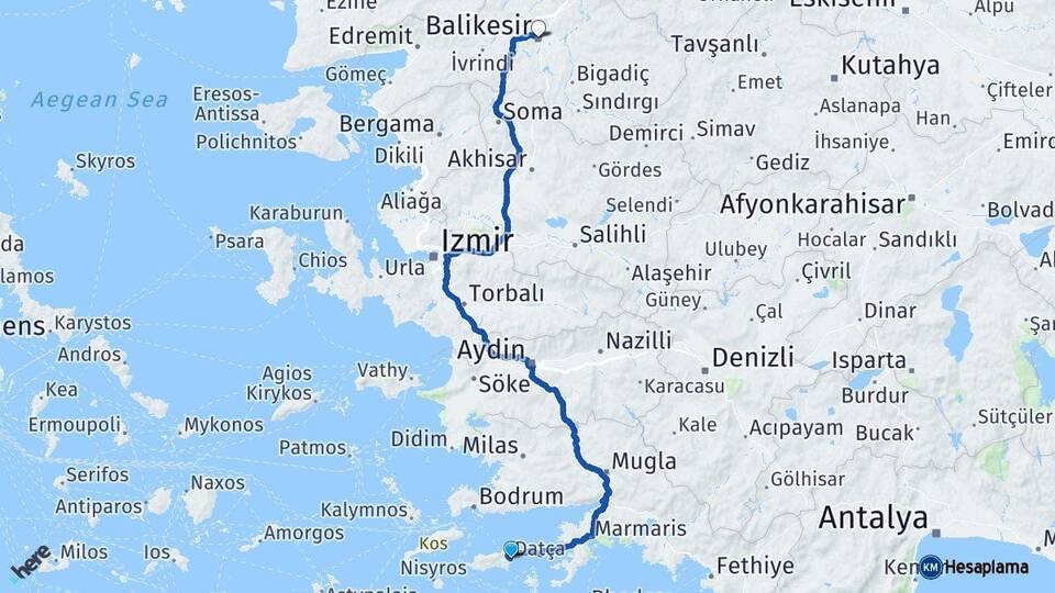 Muğla Datça Balıkesir Arası Kaç Km - Yol Haritası