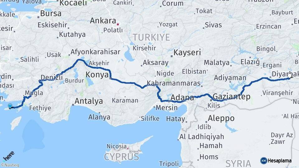 Muğla Datça Batman Arası Kaç Km - Yol Haritası