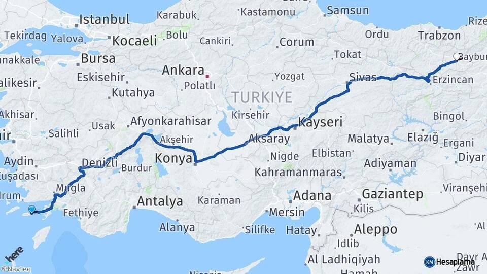 Muğla Datça Bayburt Arası Kaç Km - Yol Haritası