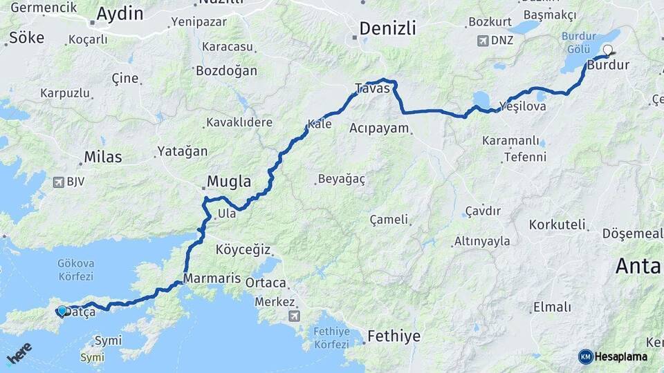 Muğla Datça Burdur Arası Kaç Km - Yol Haritası