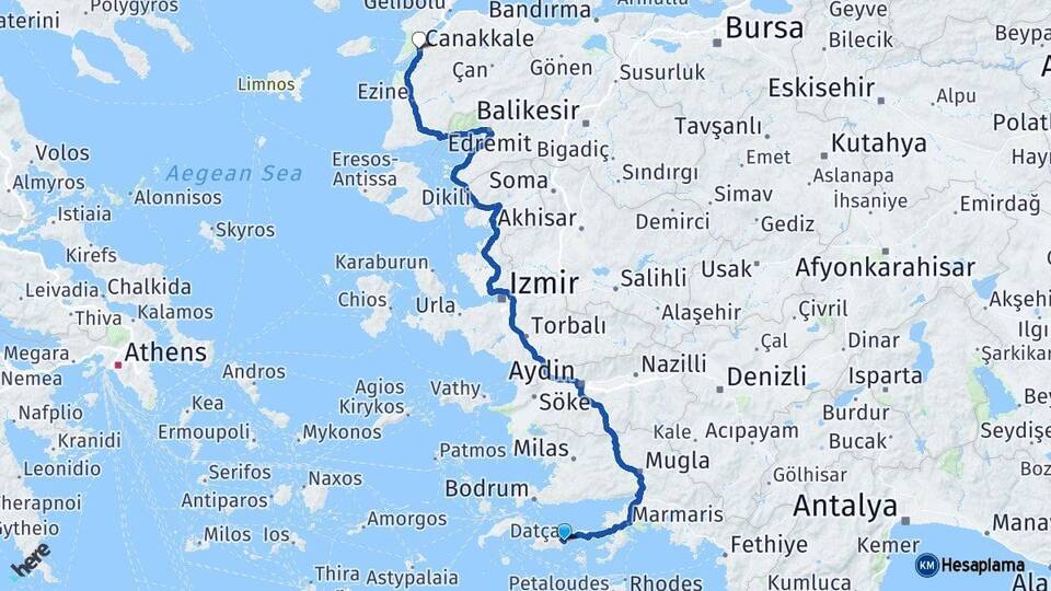 Muğla Datça Çanakkale Arası Kaç Km - Yol Haritası