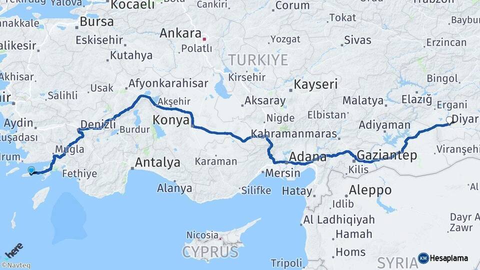 Muğla Datça Diyarbakır Arası Kaç Km - Yol Haritası
