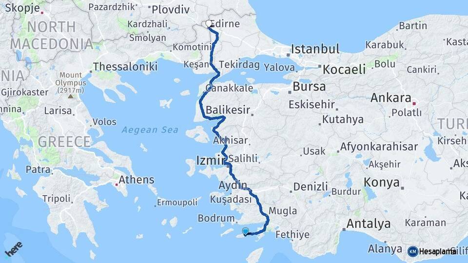 Muğla Datça Edirne Arası Kaç Km - Yol Haritası