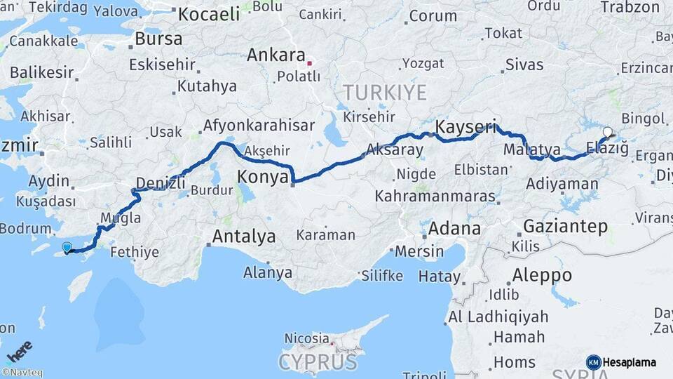 Muğla Datça Elazığ Arası Kaç Km - Yol Haritası