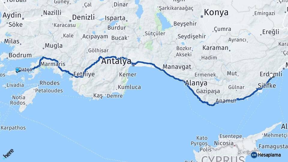 Muğla Datça Erdemli Mersin Arası Kaç Km - Yol Haritası