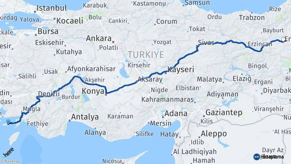 Muğla Datça Erzurum Arası Kaç Km - Yol Haritası