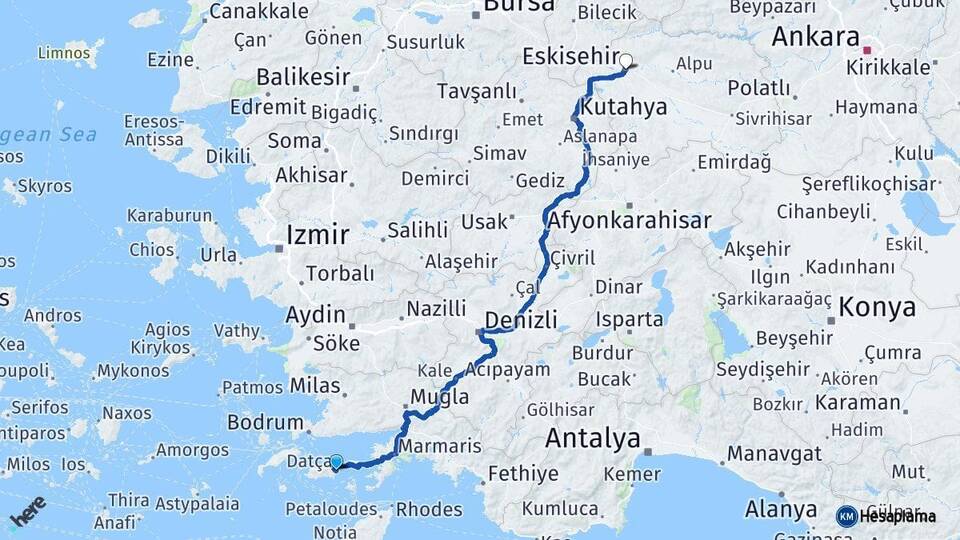 Muğla Datça Eskişehir Arası Kaç Km - Yol Haritası