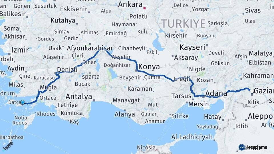 Muğla Datça Gaziantep Arası Kaç Km - Yol Haritası