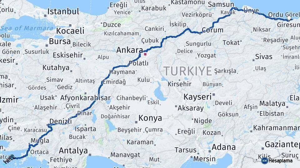 Muğla Datça Giresun Arası Kaç Km - Yol Haritası