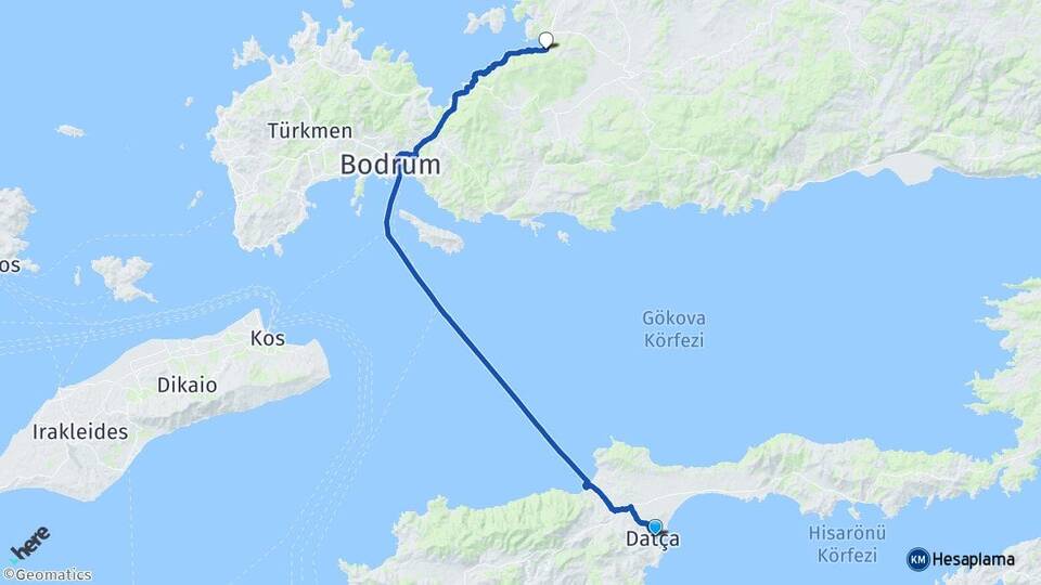 Muğla Datça Güvercinlik Bodrum Arası Kaç Km - Yol Haritası