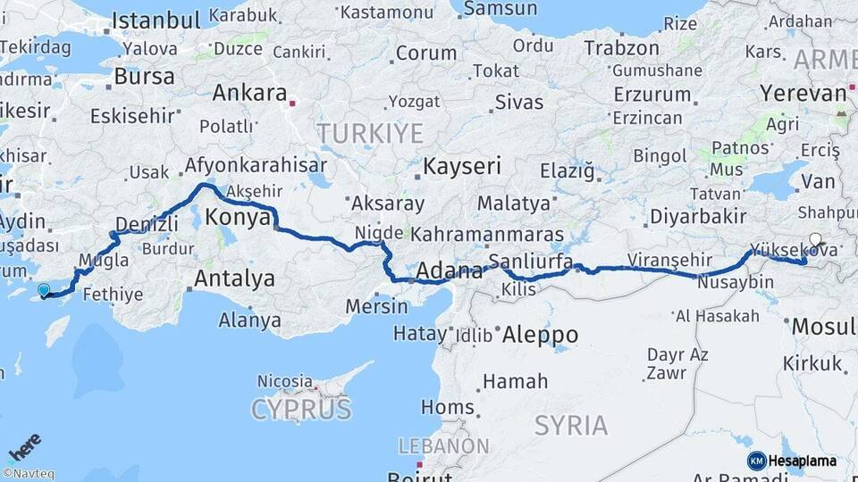 Muğla Datça Hakkari Arası Kaç Km - Yol Haritası