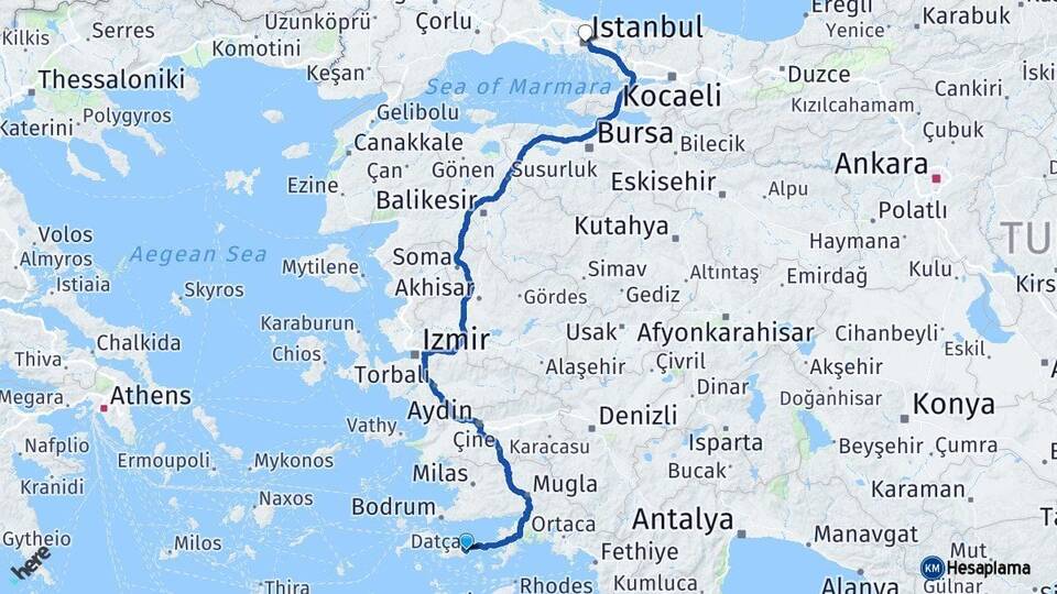 Muğla Datça İstanbul Arası Kaç Km - Yol Haritası