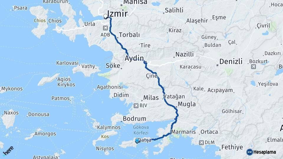 Muğla Datça İzmir Arası Kaç Km - Yol Haritası