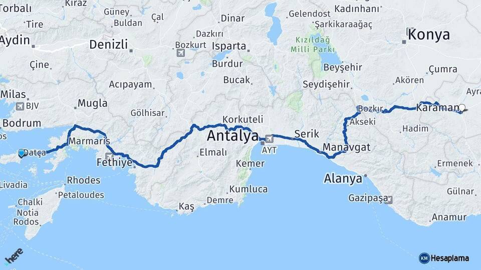 Muğla Datça Karaman Arası Kaç Km - Yol Haritası