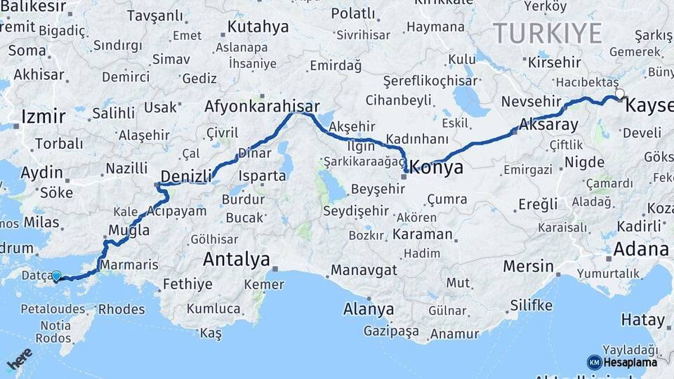 Muğla Datça Kayseri Arası Kaç Km - Yol Haritası