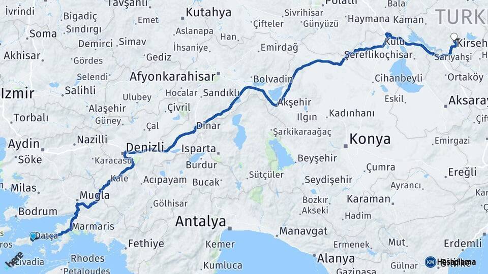 Muğla Datça Kırşehir Arası Kaç Km - Yol Haritası