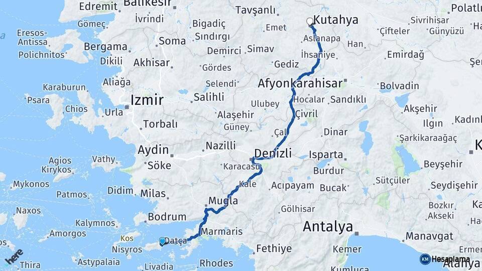 Muğla Datça Kütahya Arası Kaç Km - Yol Haritası