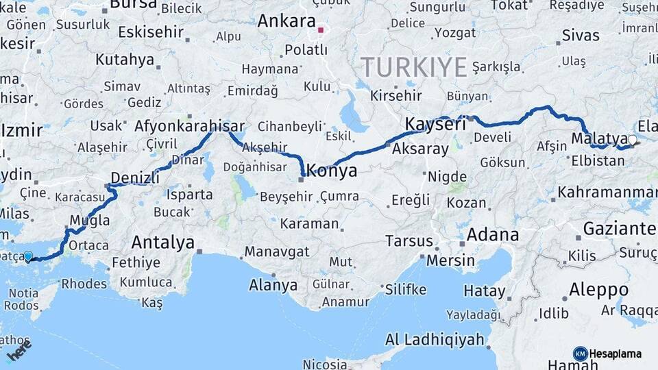 Muğla Datça Malatya Arası Kaç Km - Yol Haritası