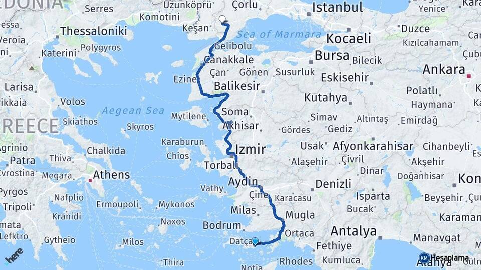 Muğla Datça Malkara Tekirdağ Arası Kaç Km - Yol Haritası