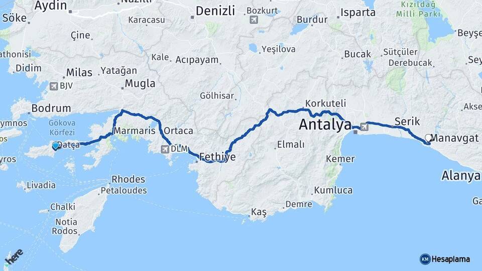 Muğla Datça Manavgat Antalya Arası Kaç Km - Yol Haritası