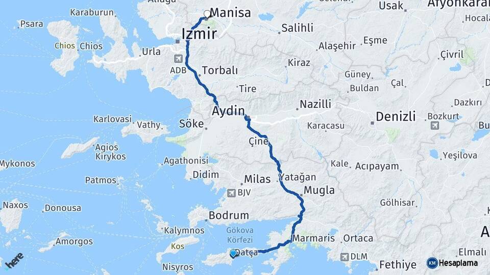 Muğla Datça Manisa Arası Kaç Km - Yol Haritası