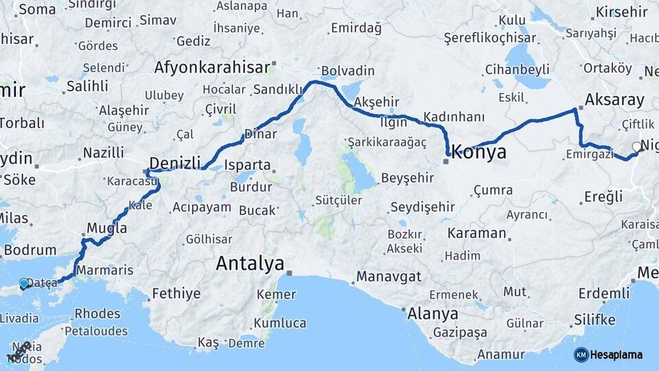 Muğla Datça Niğde Arası Kaç Km - Yol Haritası