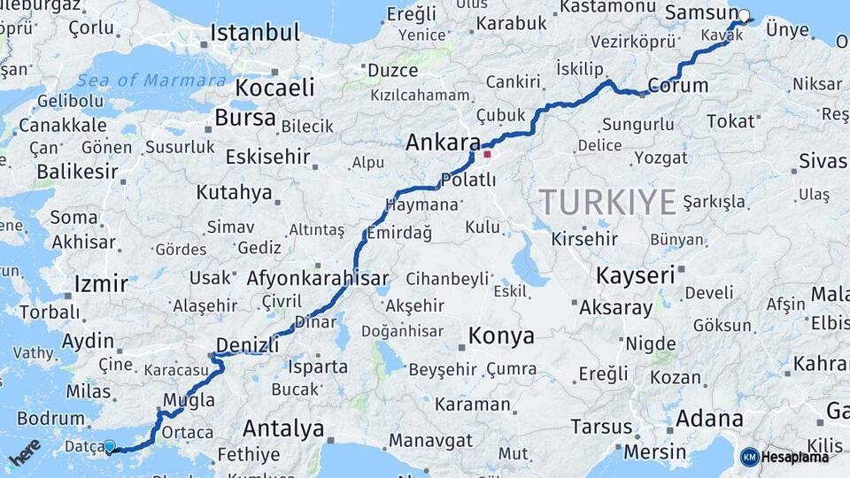 Muğla Datça Samsun Arası Kaç Km - Yol Haritası