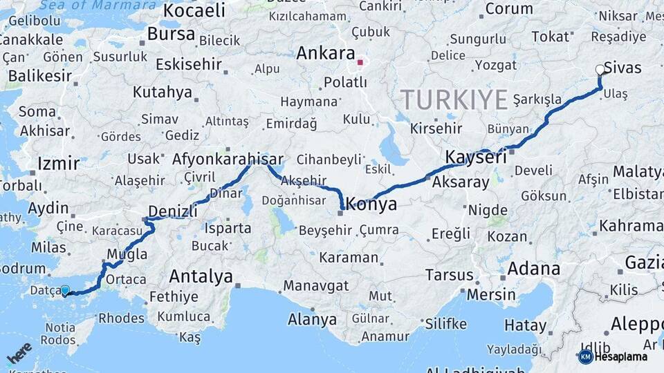 Muğla Datça Sivas Arası Kaç Km - Yol Haritası