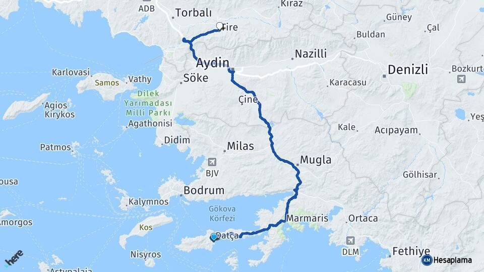 Muğla Datça Tire İzmir Arası Kaç Km - Yol Haritası
