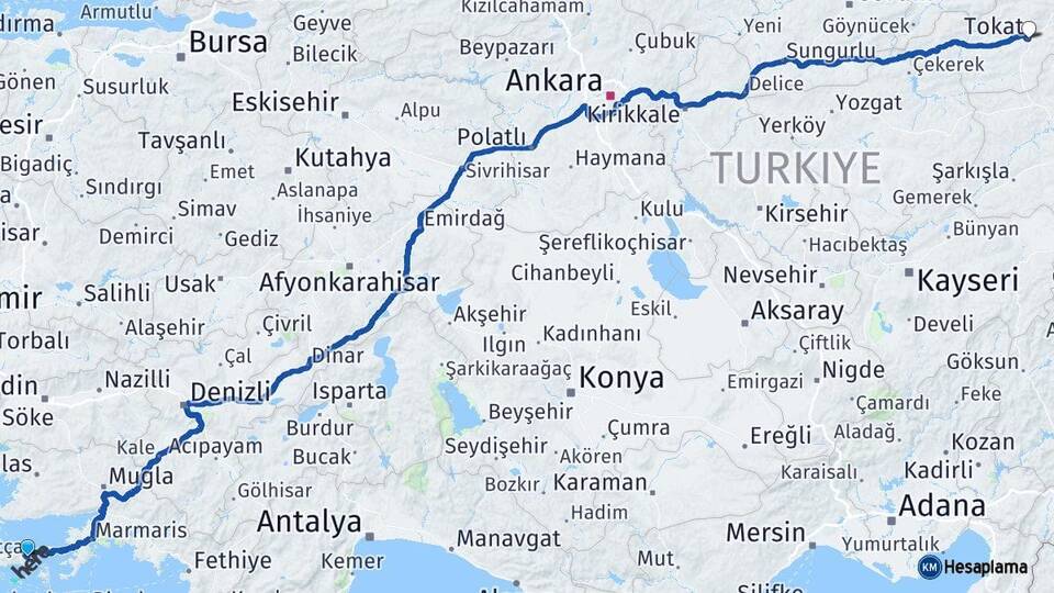 Muğla Datça Tokat Arası Kaç Km - Yol Haritası