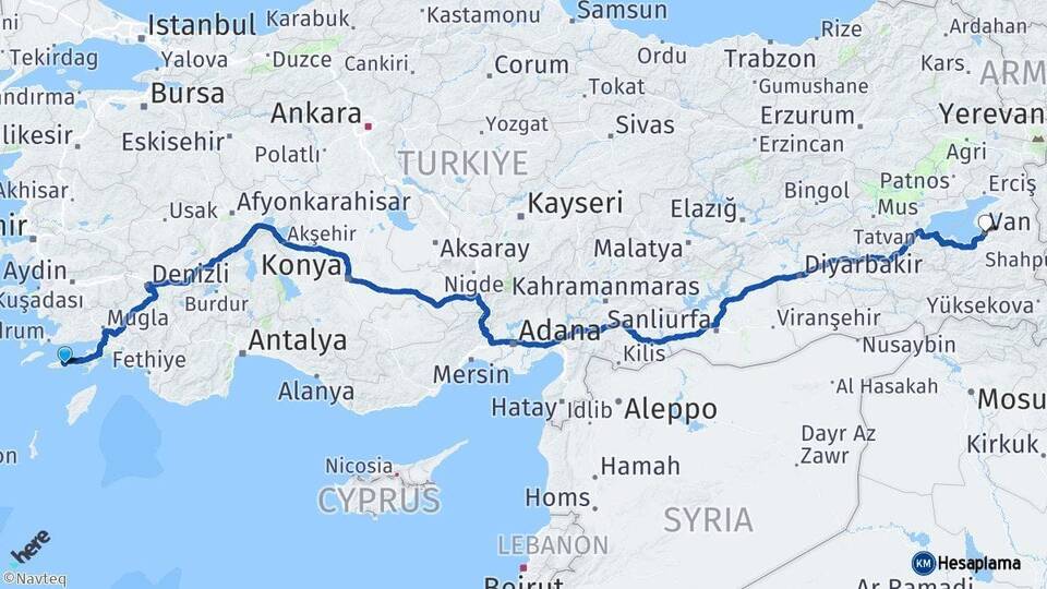 Muğla Datça Van Arası Kaç Km - Yol Haritası