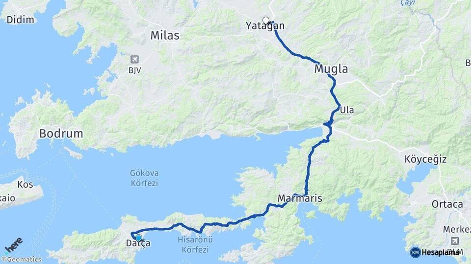 Muğla Datça Yatağan Arası Kaç Km - Yol Haritası