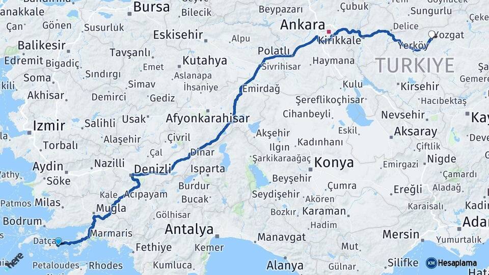 Muğla Datça Yozgat Arası Kaç Km - Yol Haritası